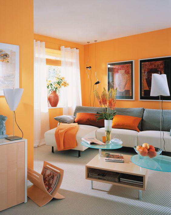 การแต่งห้องนั่งเล่นสไตล์โมเดิร์น แต่งห้องนั่งเล่นสวยๆ สีส้ม