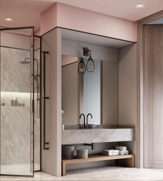 ตกแต่งตามแบบห้องน้ำ Modern ด้วยสีชมพูไม่จำเป็นต้องดูหวาน เพียงแค่ใส่สีดำ ร่วมกับความเรียบหรู สามารถให้ห้องน้ำดูเท่ขึ้นได้