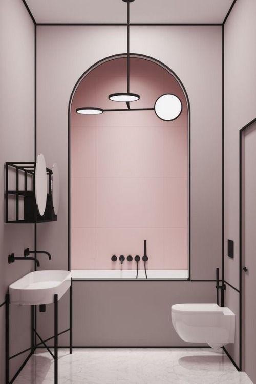 แม้ว่าสีชมพูจะทำให้แบบห้องน้ำ Modern ดูหวานแต่หากเบรคด้วยสีดำและความเรียบหรู จะทำให้ห้องดูเท่ขึ้นได้