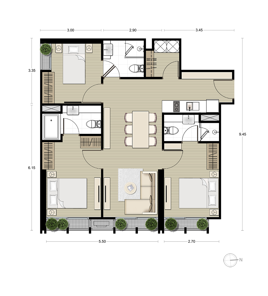แบบแปลนห้อง 3 ห้องนอนของโครงการ Noble BE33 Sukhumvit (โนเบิล บีเทอร์ตี้ทรี สุขุมวิท)