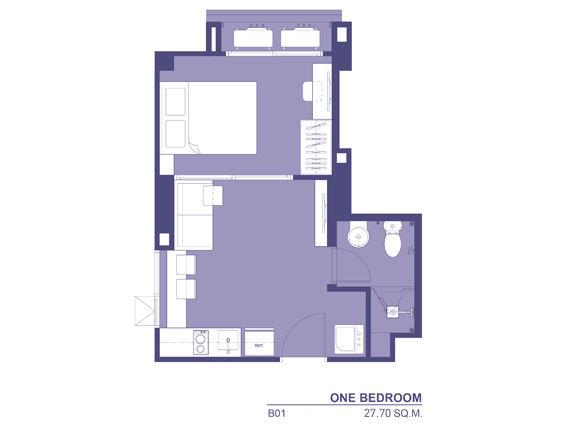 แปลนห้องพักแบบ 1 Bedroom ขนาด 27.70 ตร.ม. ของ Rhythm Asoke 2 (ริทึ่ม อโศก 2)