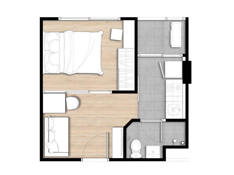 แปลนห้อง 1 Bedroom ขนาด 25 ตร.ม.
