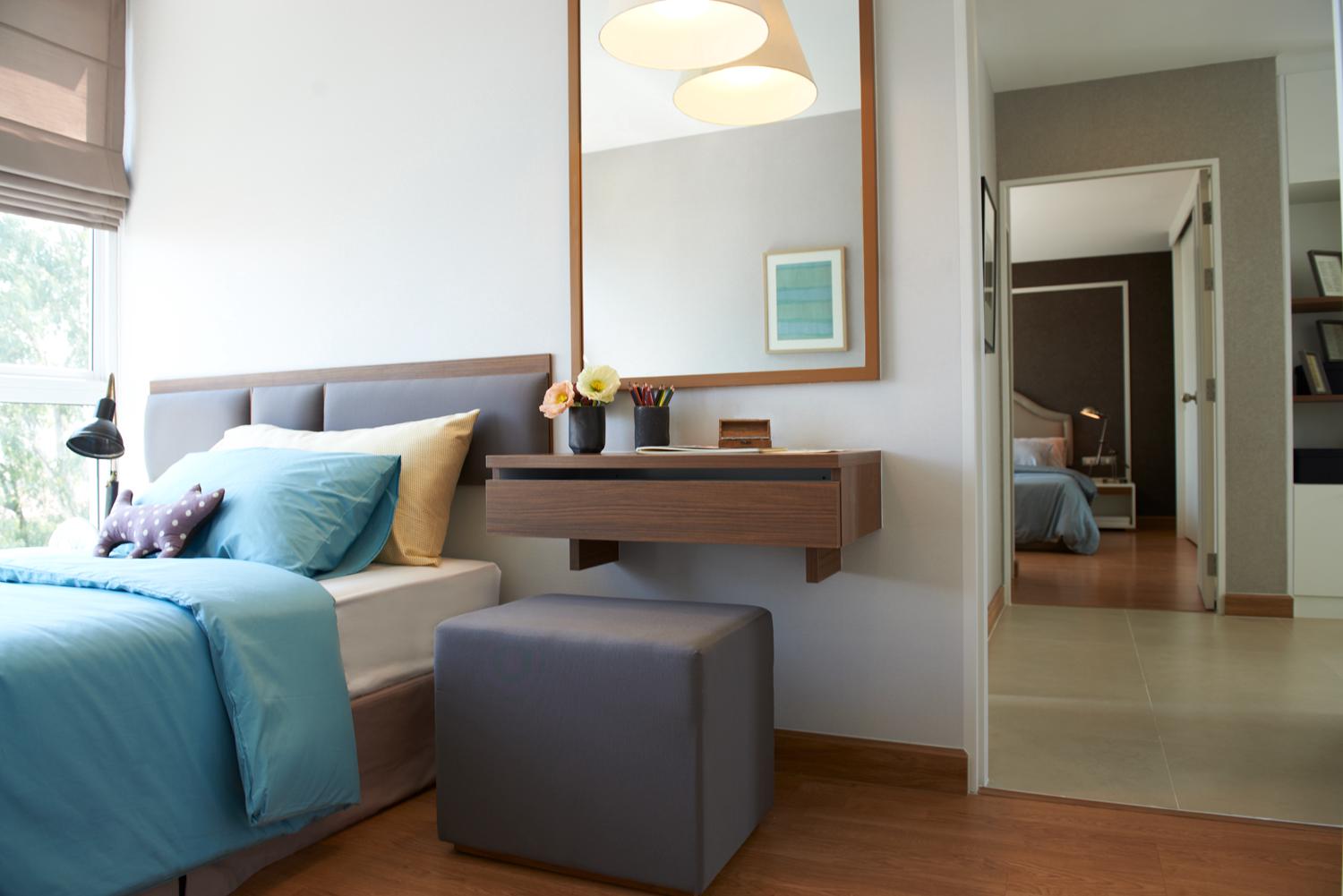 ตัวอย่างบรรยากาศห้องนอนเล็กในแบบห้อง 2 ห้องนอนของโครงการ Tree Condo Luxe Sukhumvit 52 (ทรี คอนโด สุขุมวิท 52)