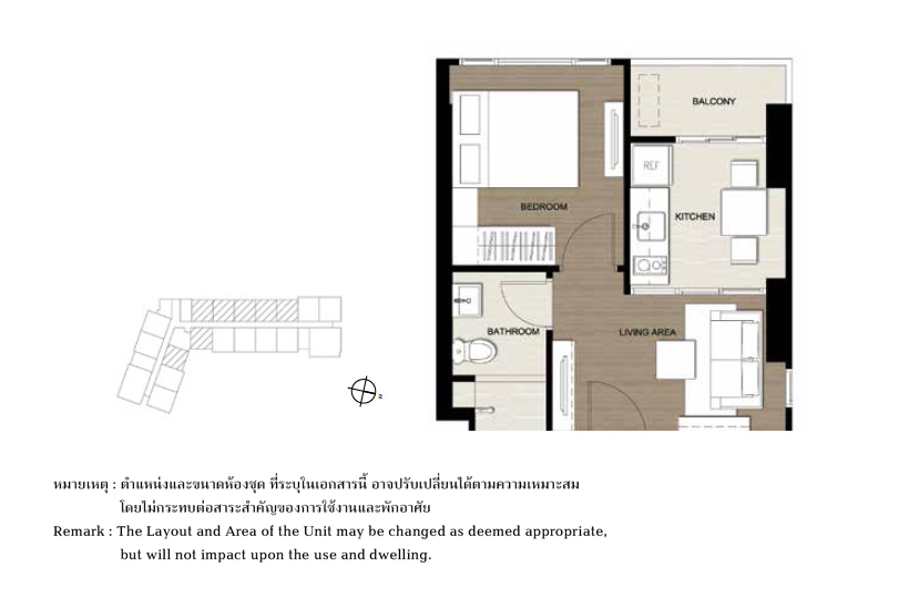 ผังห้องของคอนโด The Base Park West Sukhumvit 77 แบบ 1 ห้องนอน ขนาด 25.00-26.00 Sq.m.