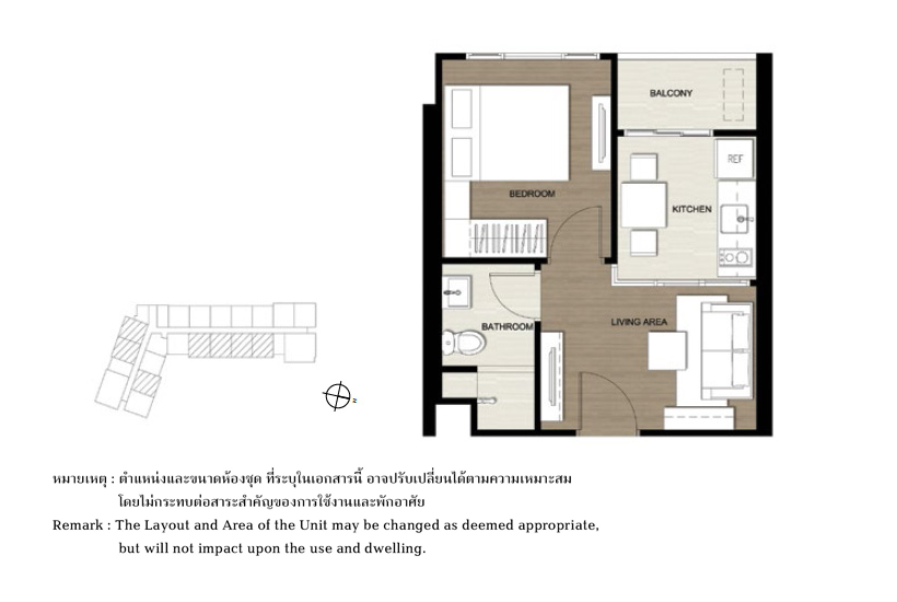 ผังห้องของคอนโด The Base Park West Sukhumvit 77 แบบ 1 ห้องนอน ขนาด 28.00-30.50 Sq.m.