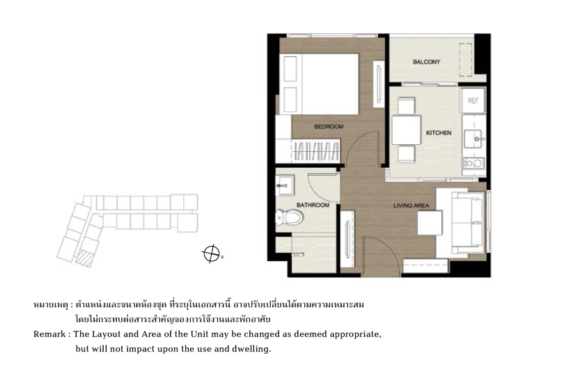 ผังห้องของคอนโด The Base Park West Sukhumvit 77 แบบ 1 ห้องนอน ขนาด 29.50 Sq.m.