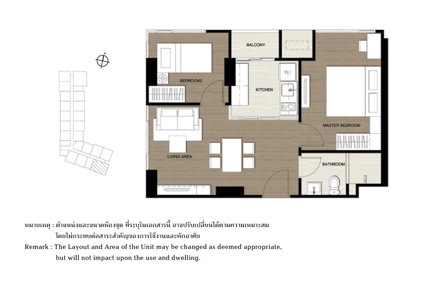 ผังห้องของคอนโด The Base Park West Sukhumvit 77 แบบ 2 ห้องนอน ขนาด 43.50 Sq.m.
