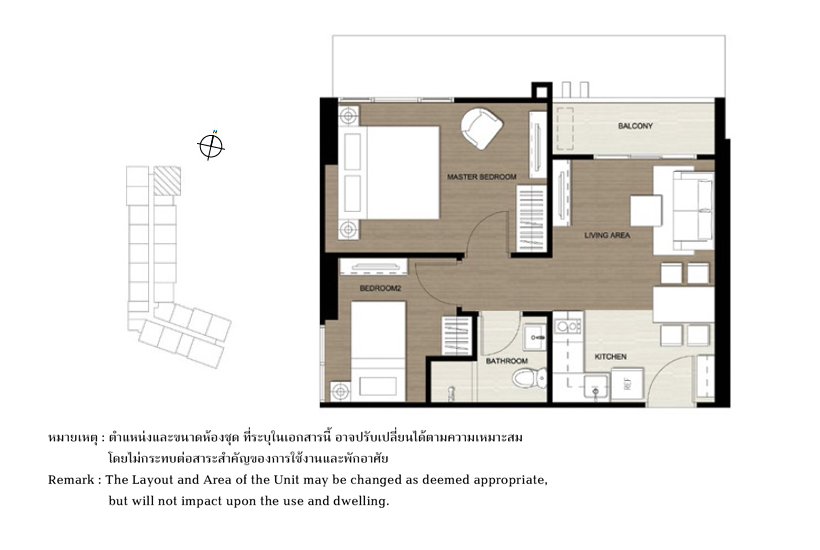 ผังห้องของคอนโด The Base Park West Sukhumvit 77 แบบ 2 ห้องนอน ขนาด 42.50 Sq.m.