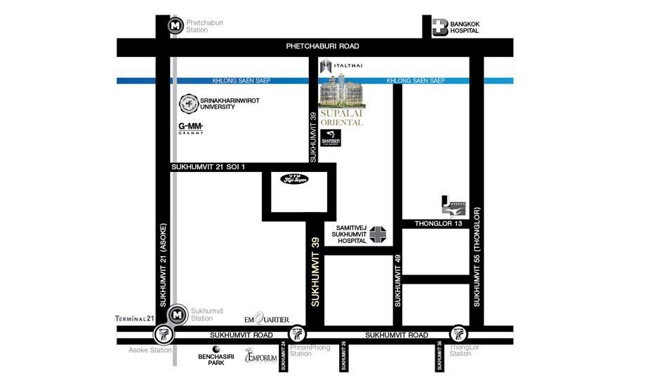 แผนที่การเดินทางไปโครงการ Supalai Oriental Sukhumvit 39 (ศุภาลัย โอเรียนทัล สุขุมวิท 39)